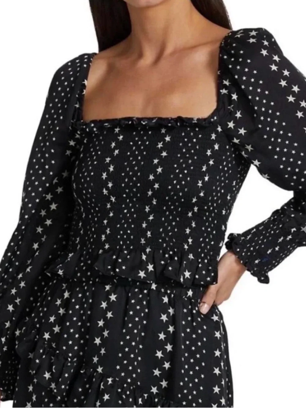 LoveShackFancy Russell Silk Black & White Star Top, NEW